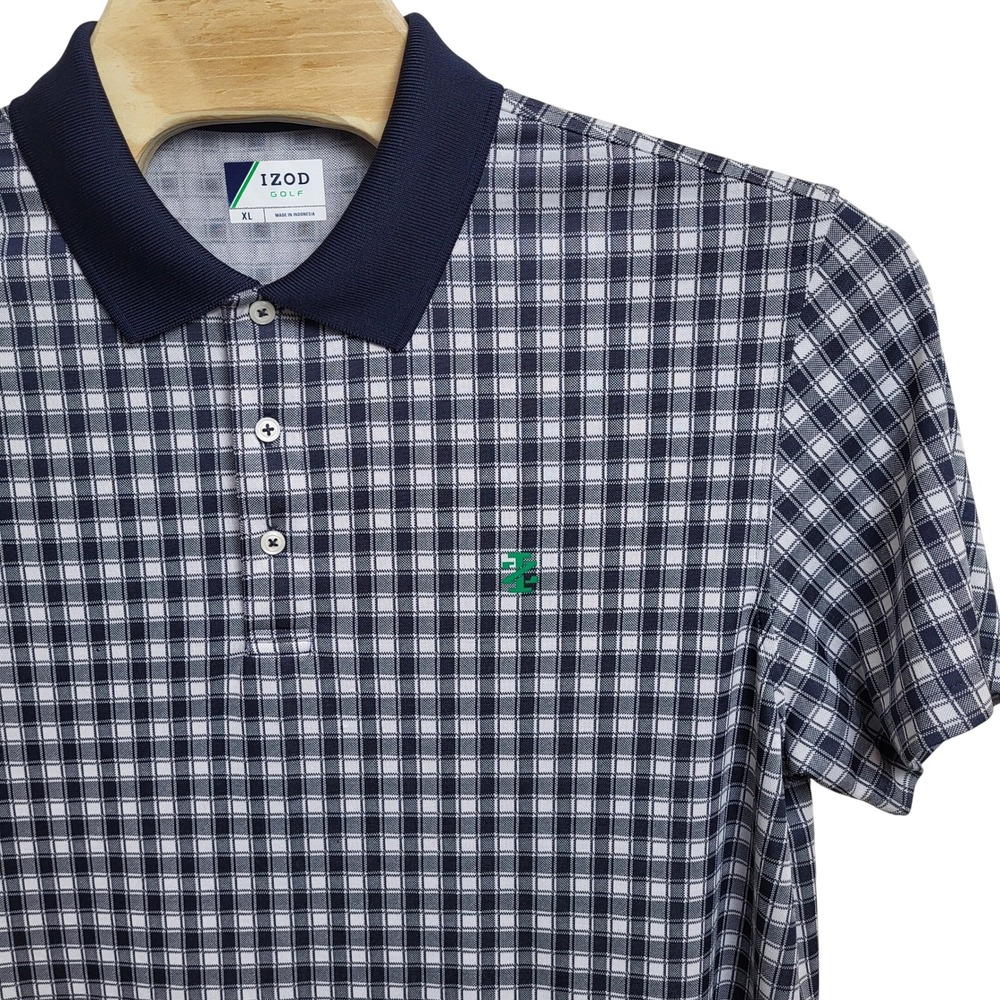 IZOD GOLF‎ Mens XL Checkered Polo Shirt Short Sleeve Button Neck Navy White Logo
